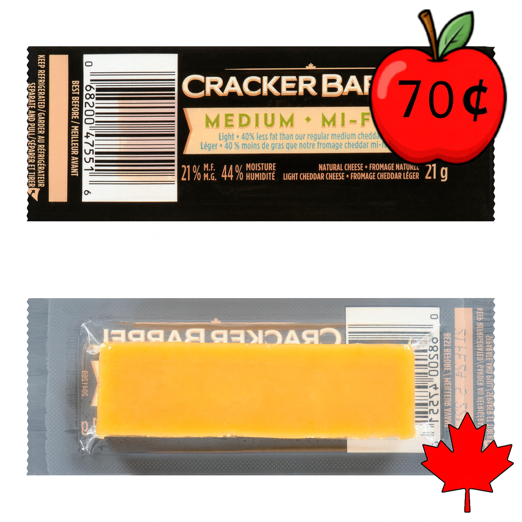 Cheese Cheddar Medium Light Cracker Barrel Portion - 100 x 21g.  21% Milk Fat